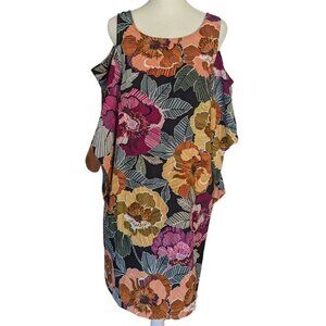 August Silk Floral Bat Wing Cold Shoulder Shift Column V Back Femi Dress Sz S